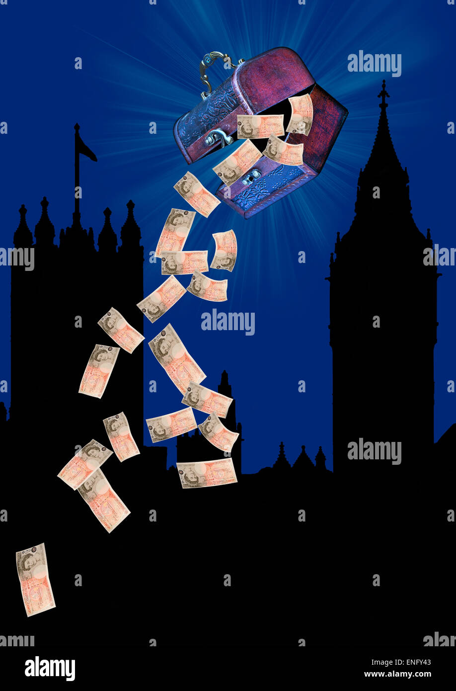 fifty pound notes falling out of treasure chest over house of parliament Stock Photo