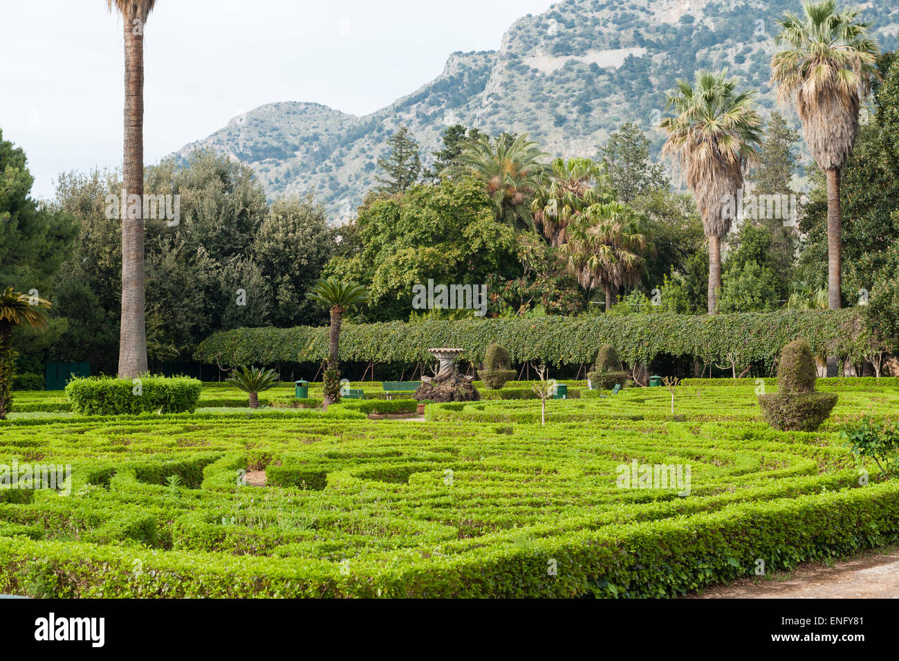 The formal Italian gardens of the Palazzina Cinese, Palermo, Sicily. The palace belonged to the ruling Bourbon family. Stock Photo