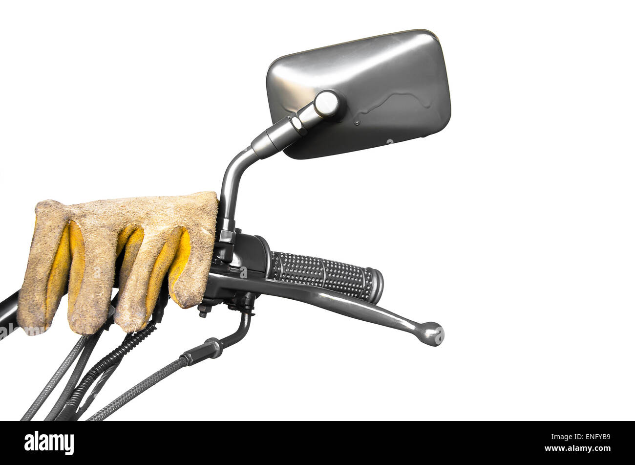 Leather glove for protection on grip switches with side mirror that the part of  classic motorcycle. Stock Photo