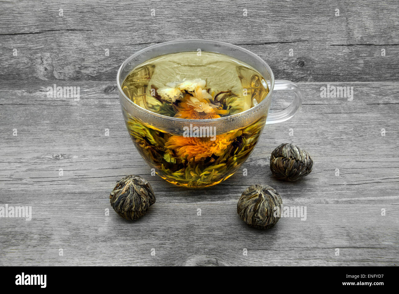 Jasmine tea and jasmine balls. Traditional Chinese jasmine tea. Stock Photo