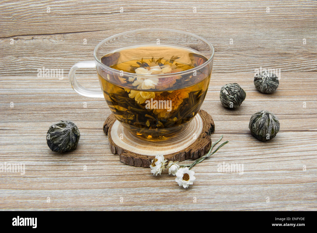 Jasmine tea and jasmine balls. Traditional Chinese jasmine tea. Stock Photo