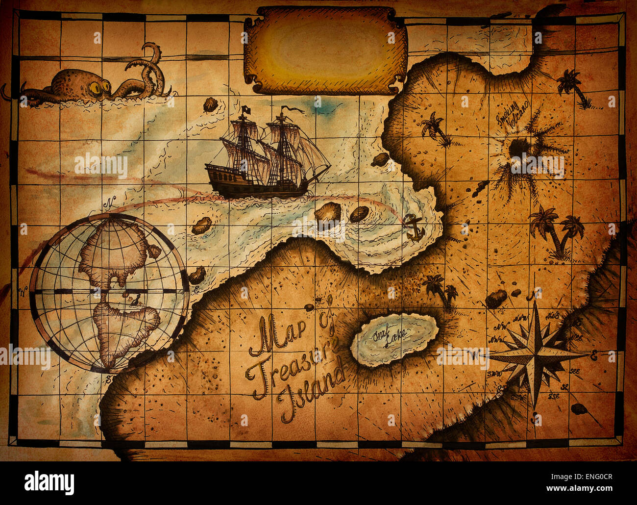 Map of Treasure Island with the specified path and blank space for text Stock Photo
