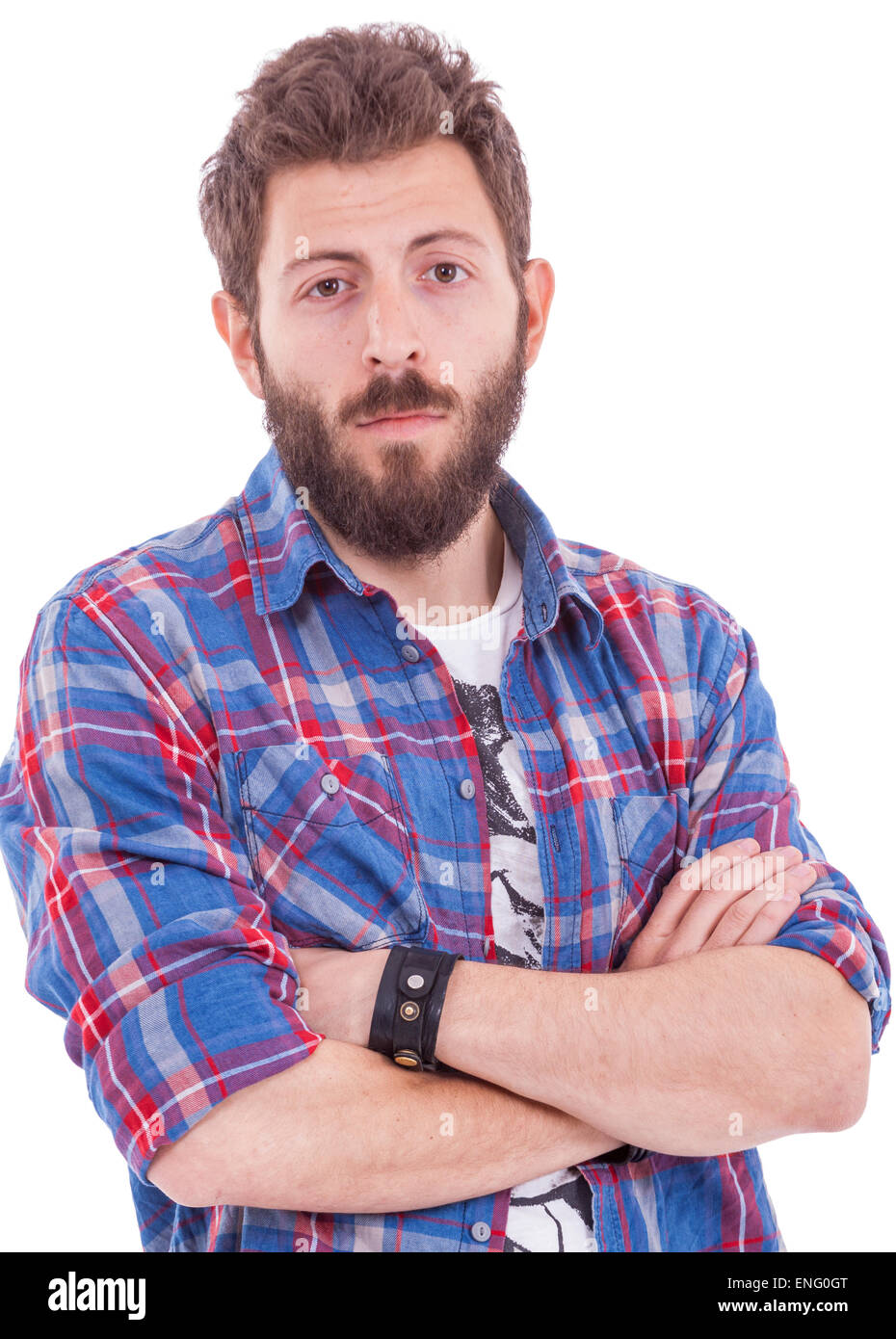 Men in plaid shirt and black leather bracelet in the studio Stock Photo