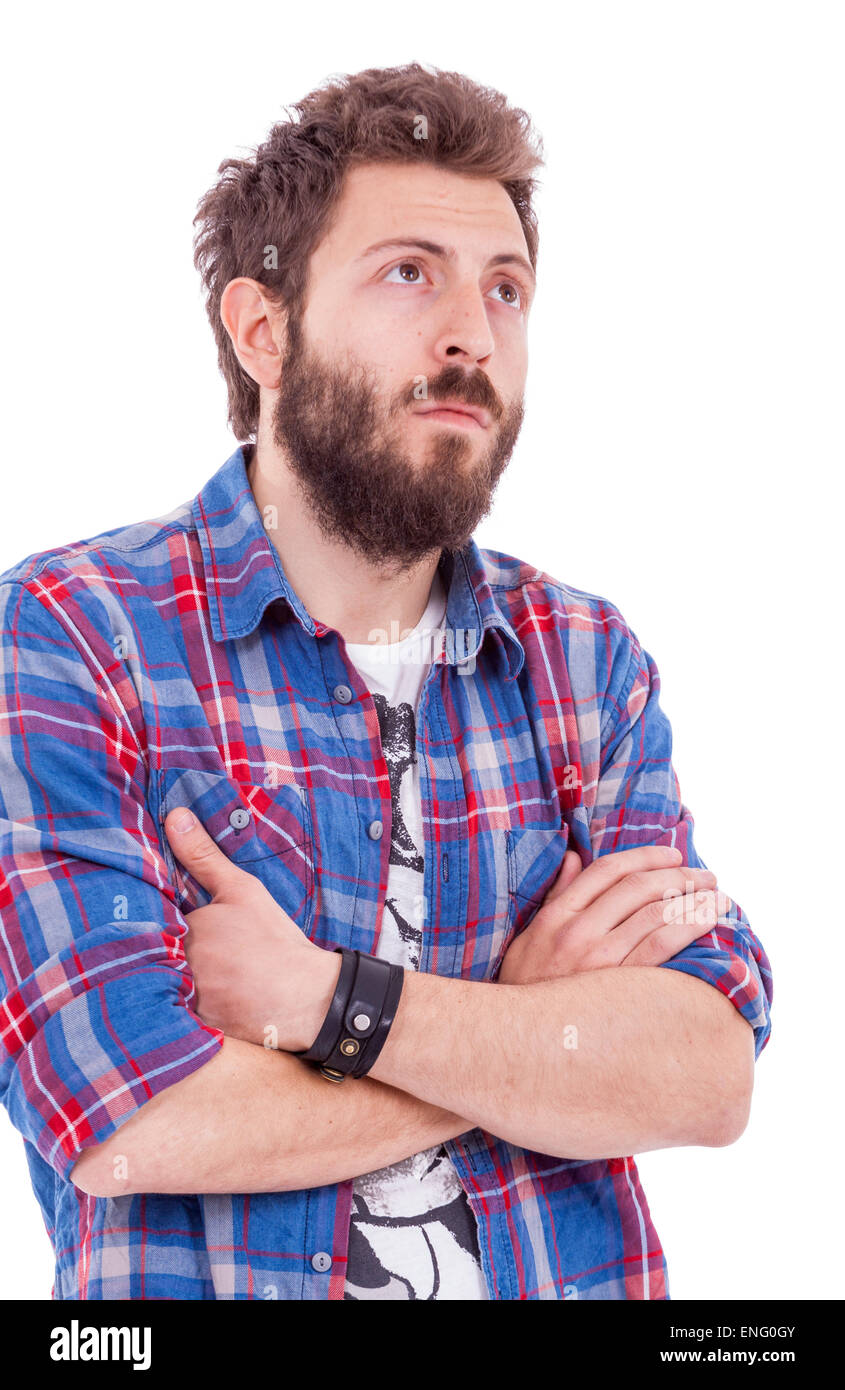 Men in plaid shirt and black leather bracelet in the studio Stock Photo