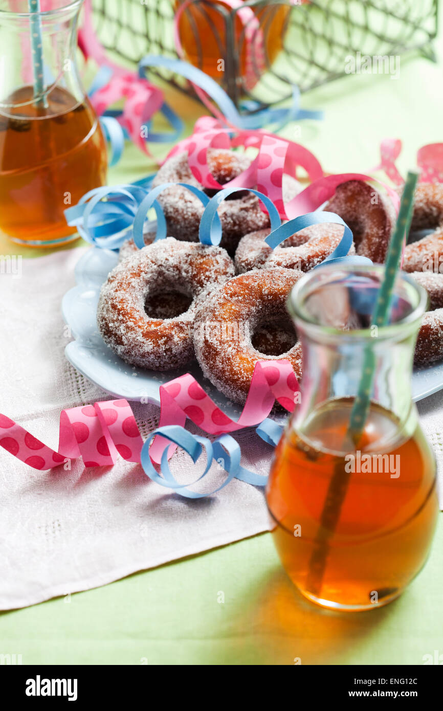 Finnish traditional Vappu food, sugar donuts with sima Stock Photo