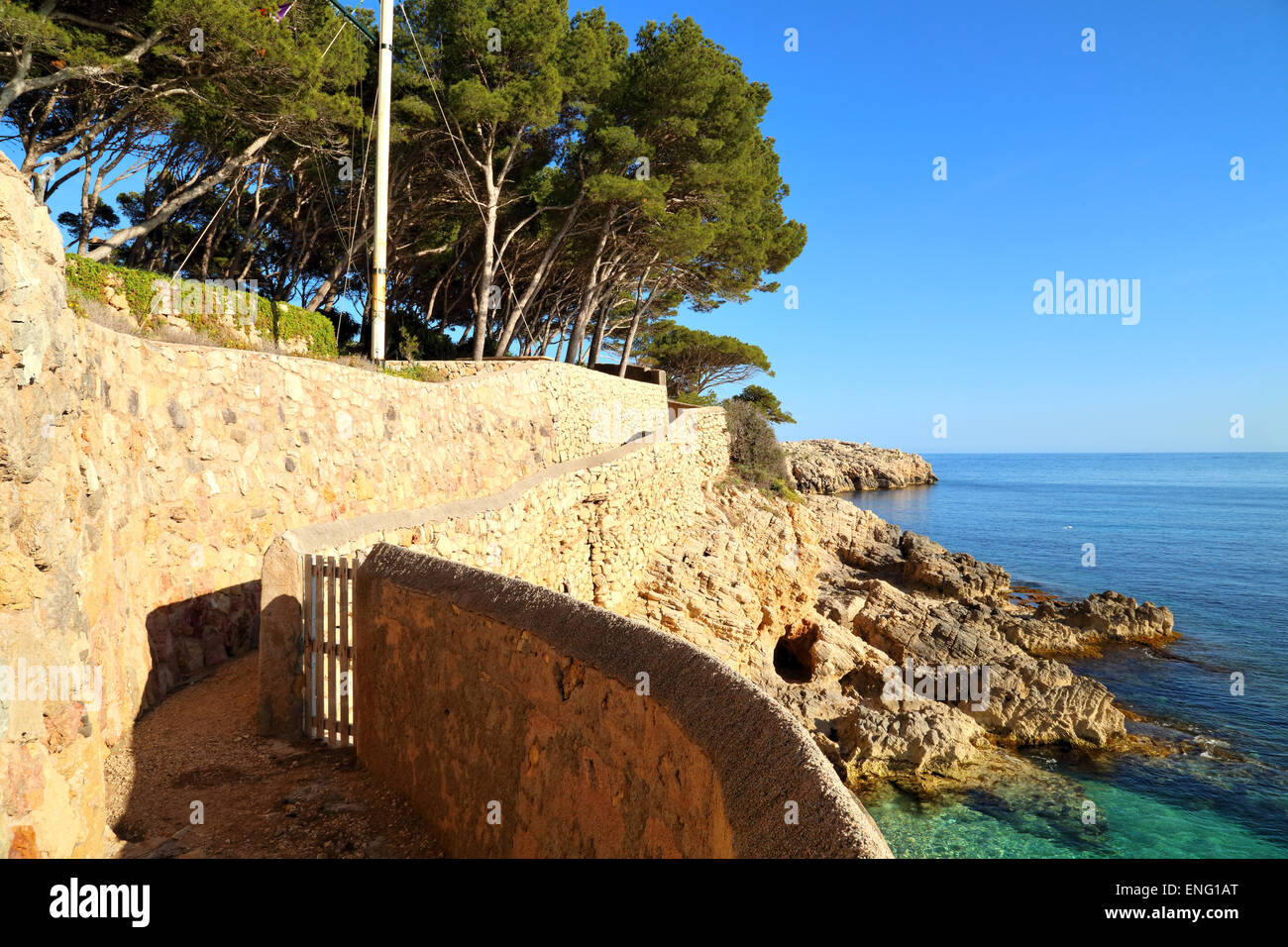Coastal hiking path to the light house 'Far de Capdepera' near Cala Rajada, Mallorca Stock Photo
