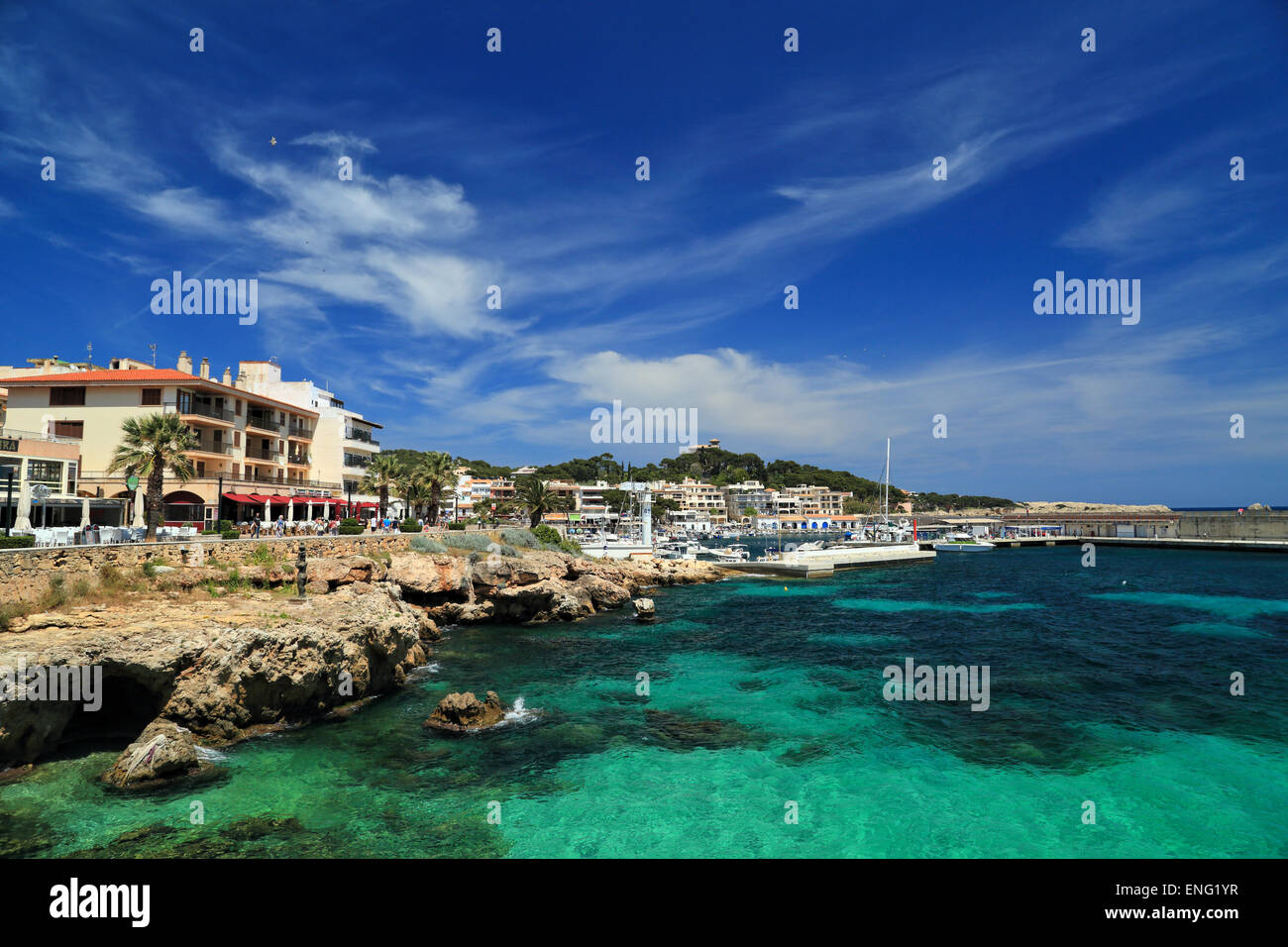 View to the port of Cala Rajada Stock Photo