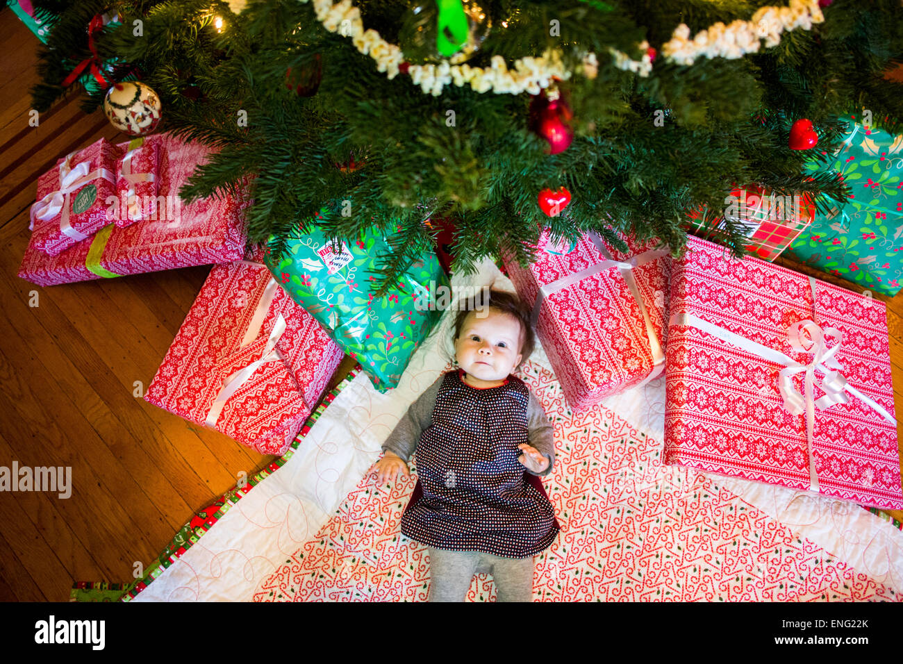 High angle view of Caucasian baby girl laying under Christmas tree Stock Photo