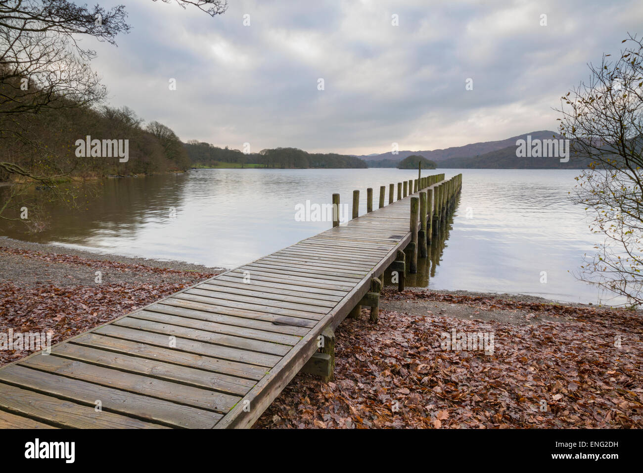 coniston water Wooden jetty  in the lake district cumbria Stock Photo