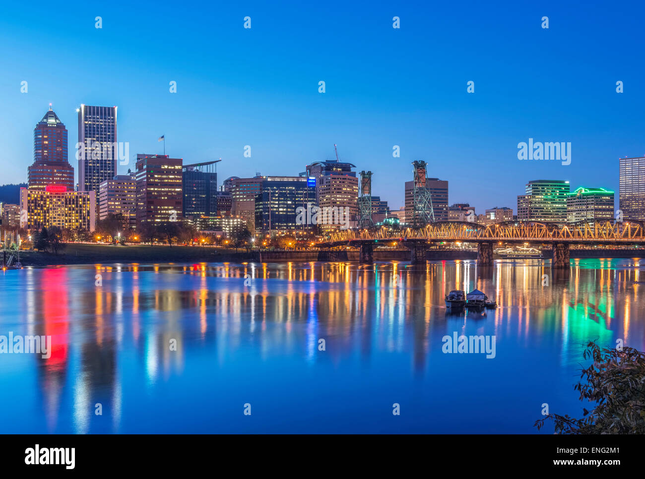 Illuminated buildings in Portland city skyline, Oregon, United States Stock Photo
