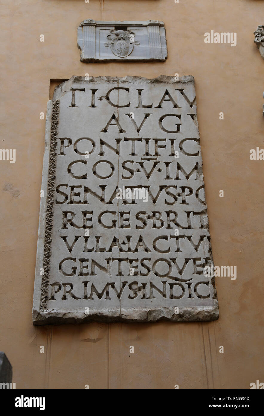Dedicatory inscription of the arch of Claudius, from Via del Corso. Which celebrates the conquest of Britain. Capitoline Museums Stock Photo