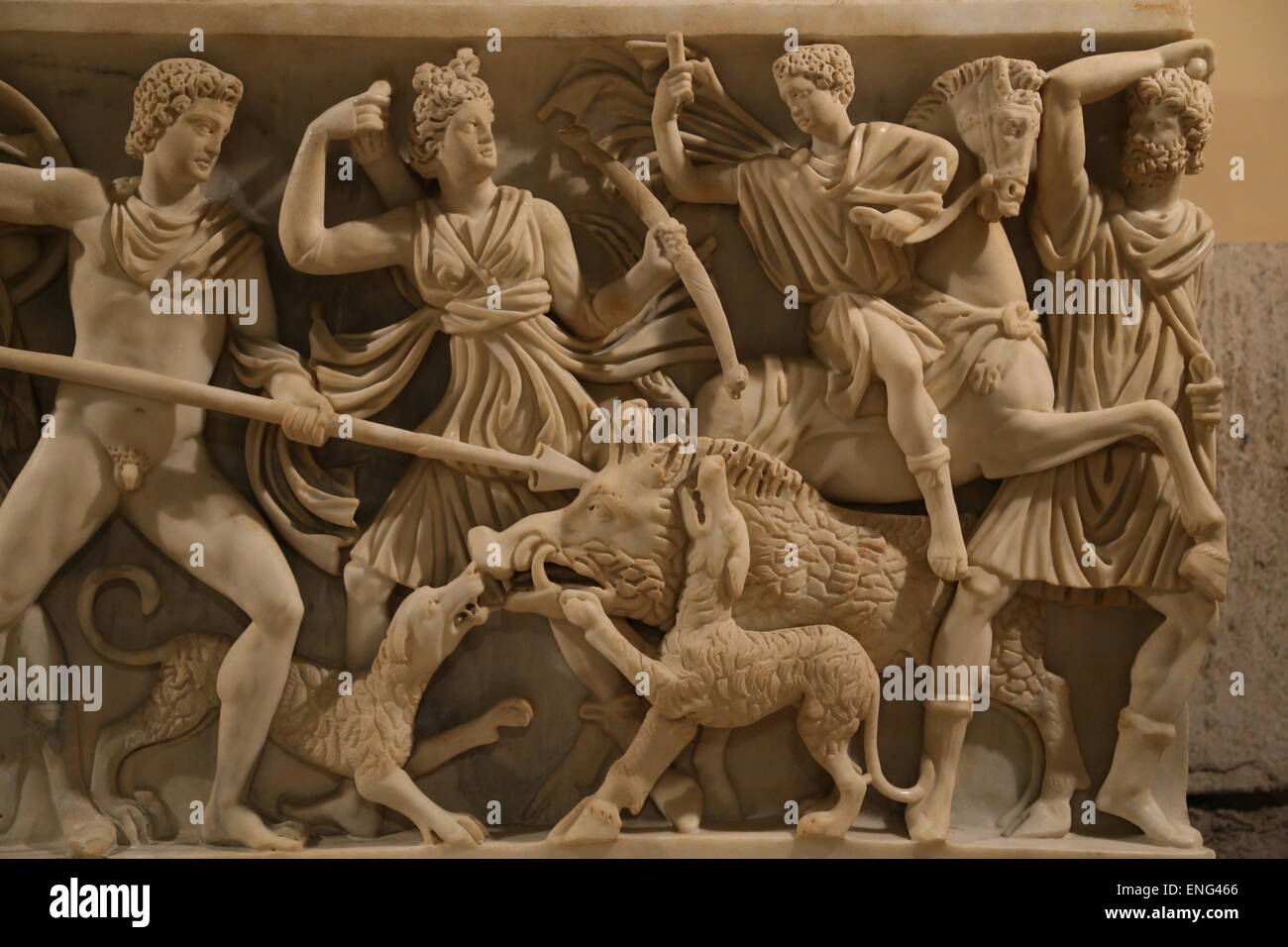 Roman sarcophagus. The Calydonian boart hunt. Front panel. Marble. 2nd century AD. Capitoline Museums. Rome. Italy. Stock Photo