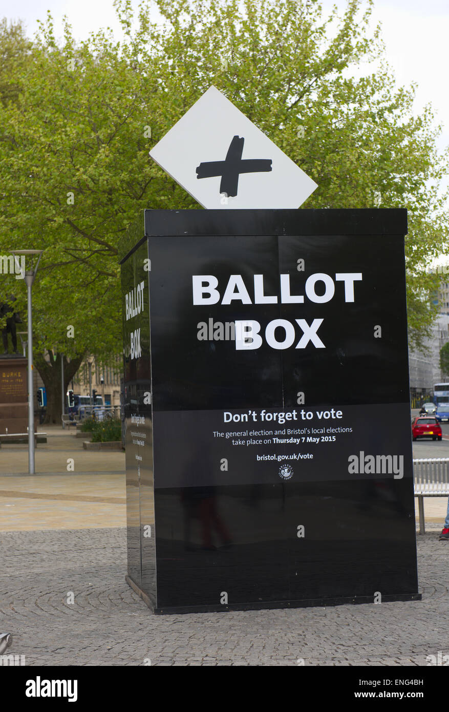 Bristol, UK. 5th May, 2015. Giant Ballot Box “don't forget to vote Thursday 7 May 2015” advertising national local election UK, Bristol City Centre Credit:  Charles Stirling/Alamy Live News Stock Photo