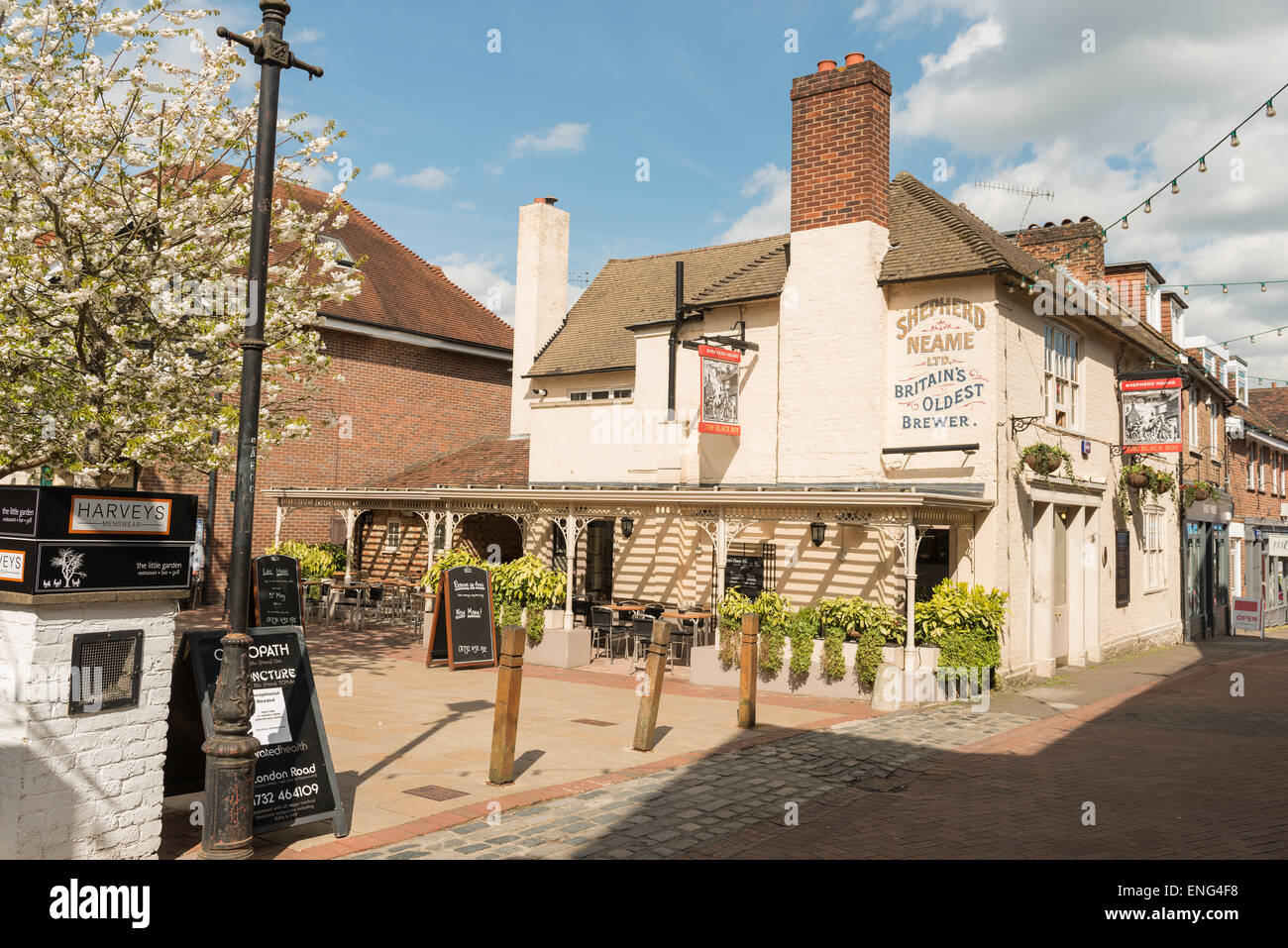 Heart of old historic Sevenoaks town showing Black Boy Pub a local traditional brew Shepherd Neame Britians oldest Brewer Stock Photo