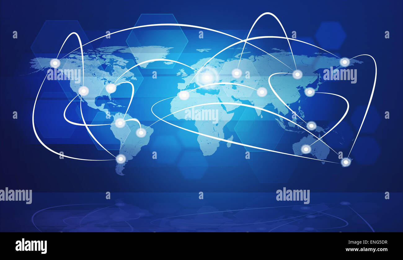 Blue background with map and bright points Stock Photo - Alamy