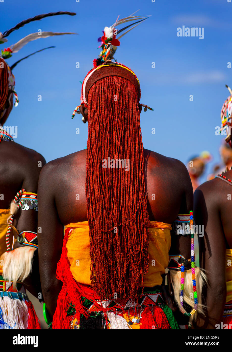 Rendille Warriors With Long Braided Hair, Turkana Lake, Loiyangalani, Kenya Stock Photo