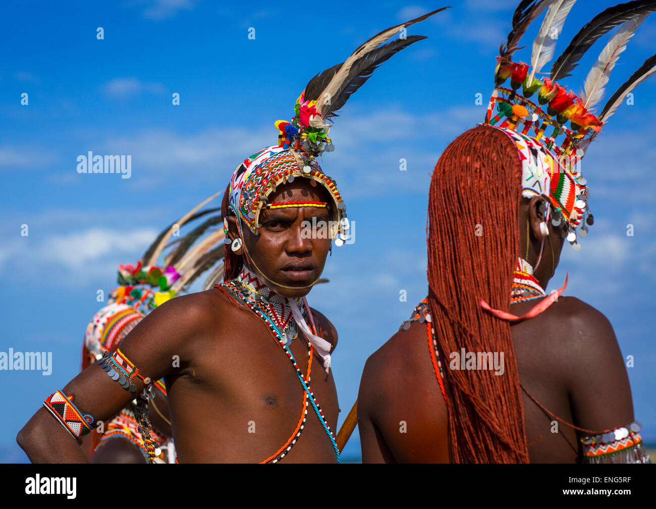 Rendille Warriors With Long Braided Hair, Turkana Lake, Loiyangalani, Kenya Stock Photo