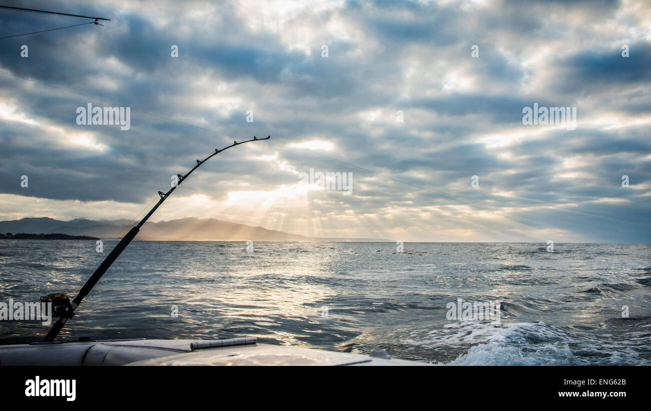 Fishing rod on the boat. Autumn season Stock Photo by voimages