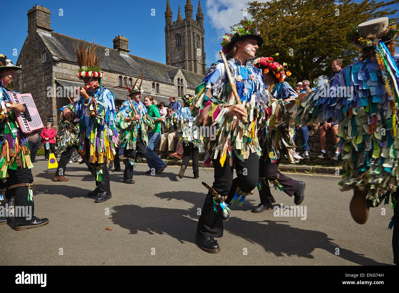 Morris dancers in action at the Widecombe Fair, held each September, in Widecombe, on Dartmoor, in Devon, southwest England. Stock Photo