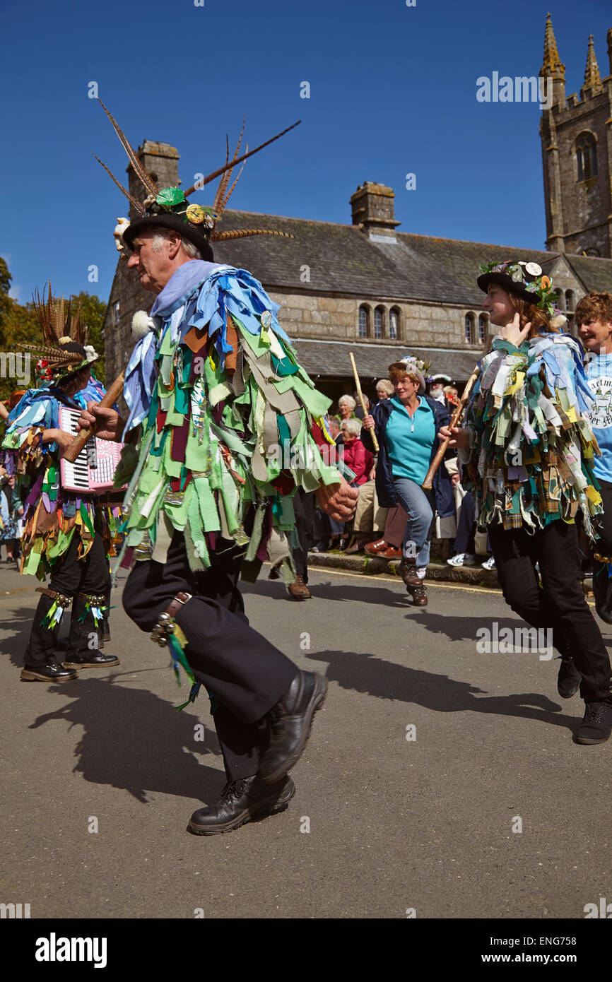 Morris dancers in action at the Widecombe Fair, held each September, in Widecombe, on Dartmoor, in Devon, southwest England. Stock Photo
