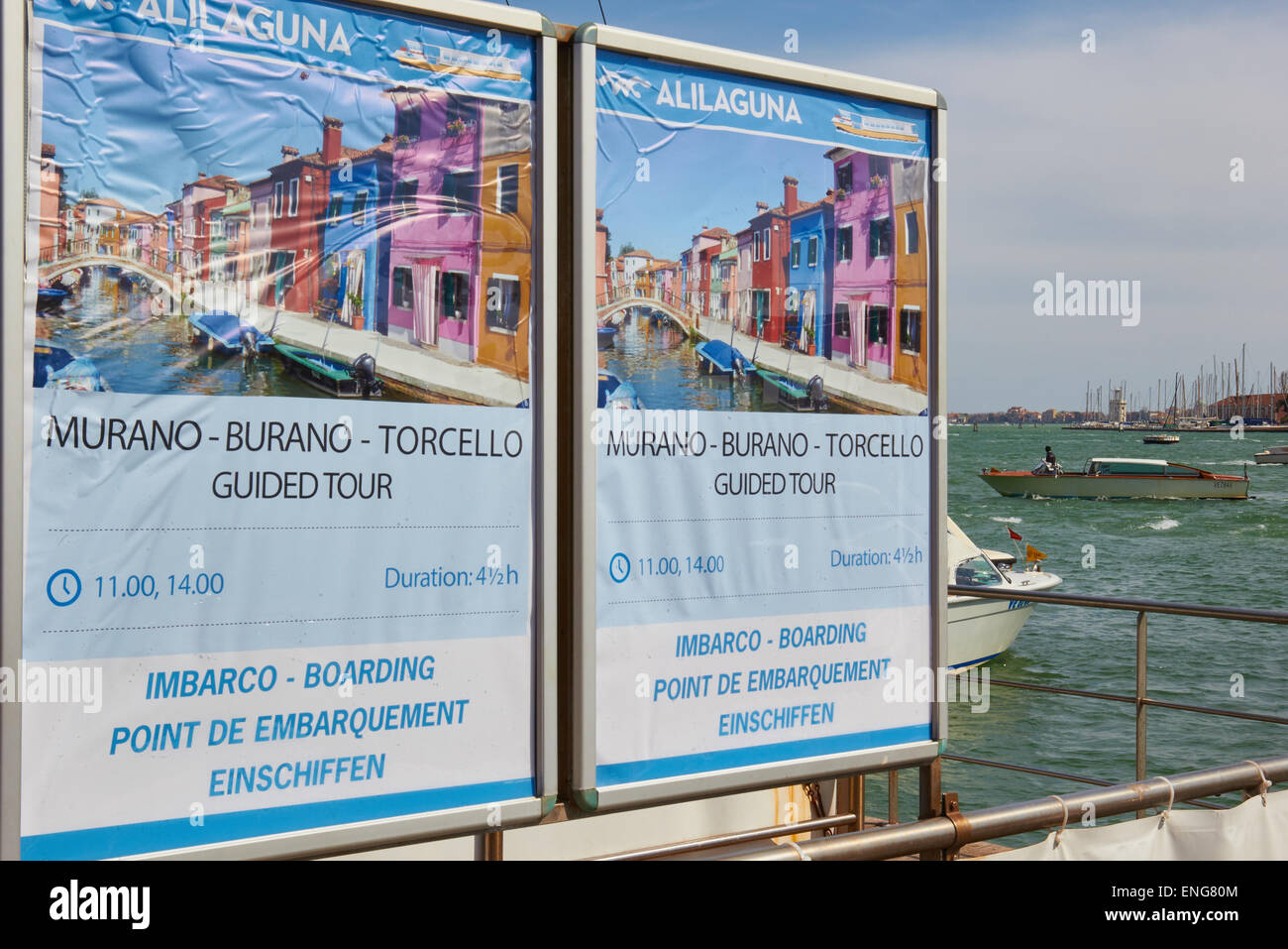 Posters advertising boat trips out to the Venetian lagoon islands of Torcello Murano and Burano Venice Veneto Italy Europe Stock Photo
