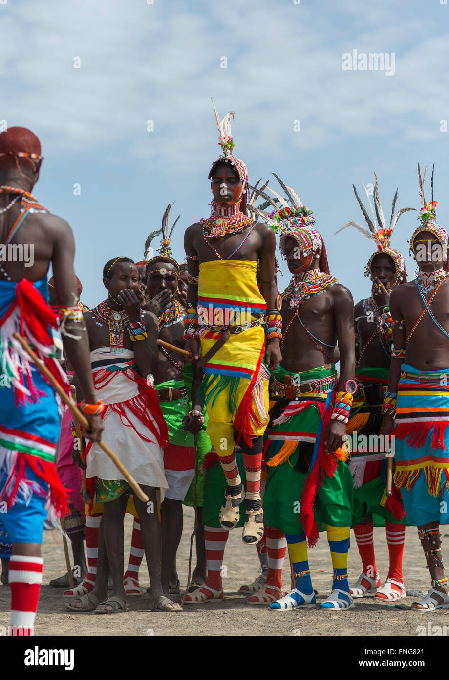 Portrait Of Rendille Warriors Dancing And Jumping, Turkana Lake, Loiyangalani, Kenya Stock Photo