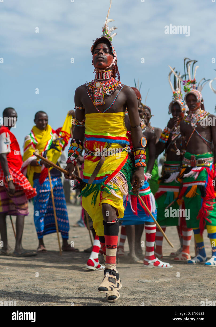 Portrait Of Rendille Warriors Dancing And Jumping, Turkana Lake, Loiyangalani, Kenya Stock Photo