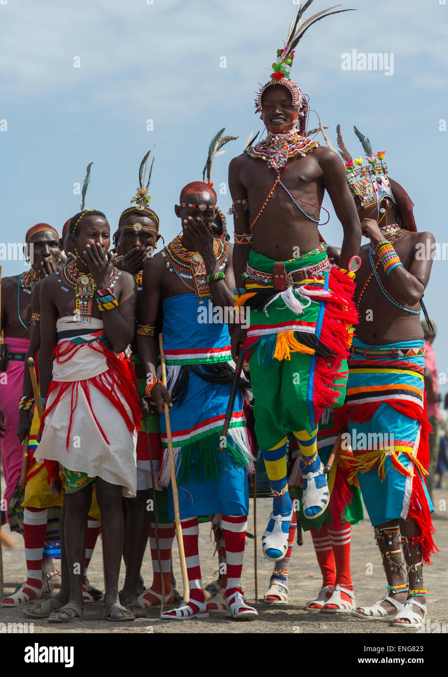 Portrait Of Rendille Warriors Dancing And Jumping, Turkana Lake, Loiyangalani, Kenya Stock Photo