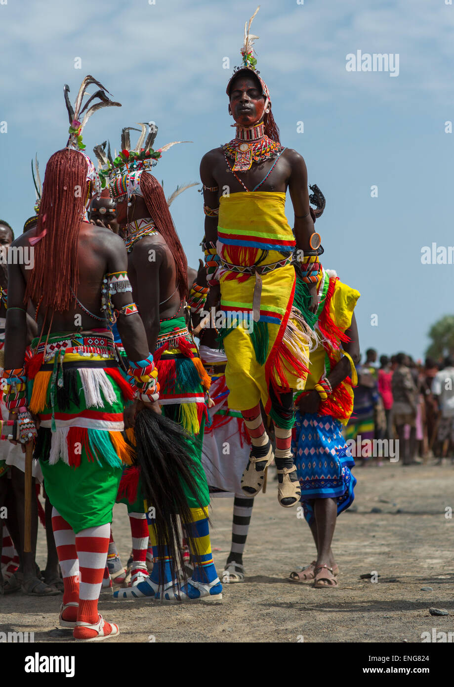 Portrait Of Rendille Warriors Dancing And Jumping, Turkana Lake, Loiyangalani, Kenya Stock Photo