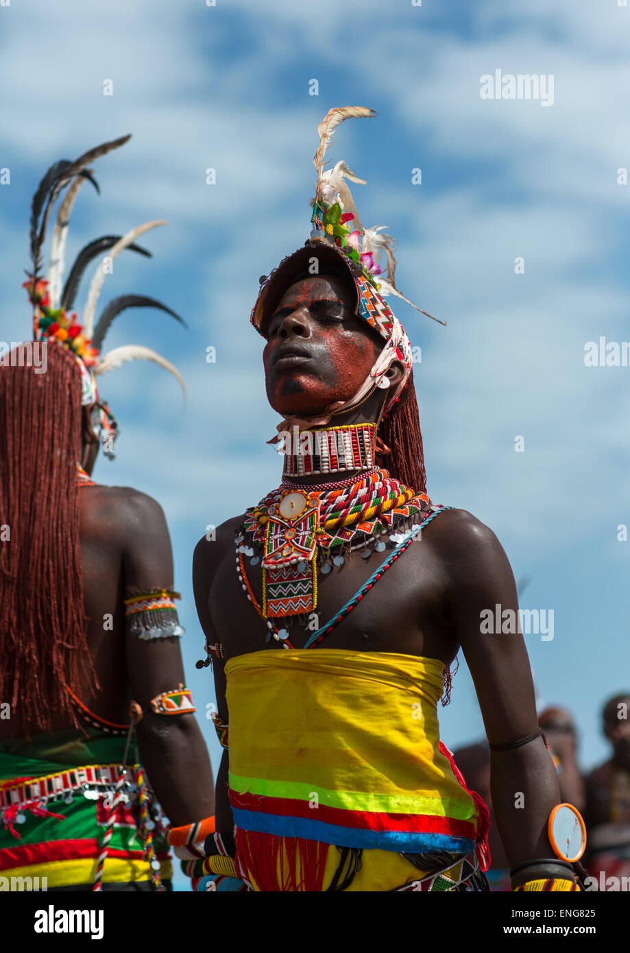 Portrait Of Rendille Warriors Dancing And Jumping, Turkana Lake, Loiyangalani, Kenya Stock Photo