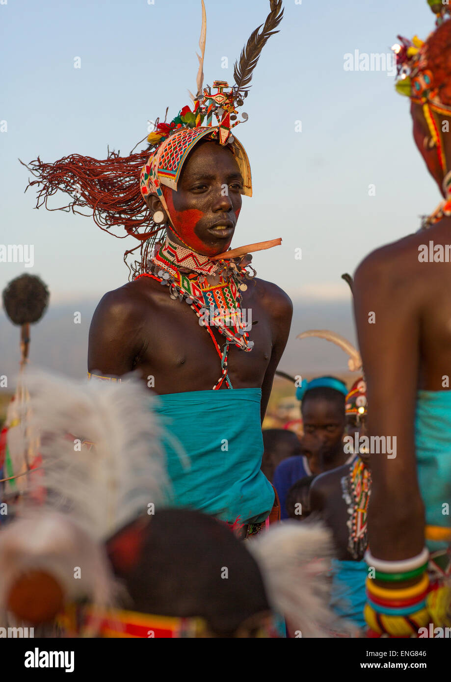 Portrait Of Rendille Warriors Wearing Traditional Headwears, Turkana Lake, Loiyangalani, Kenya Stock Photo