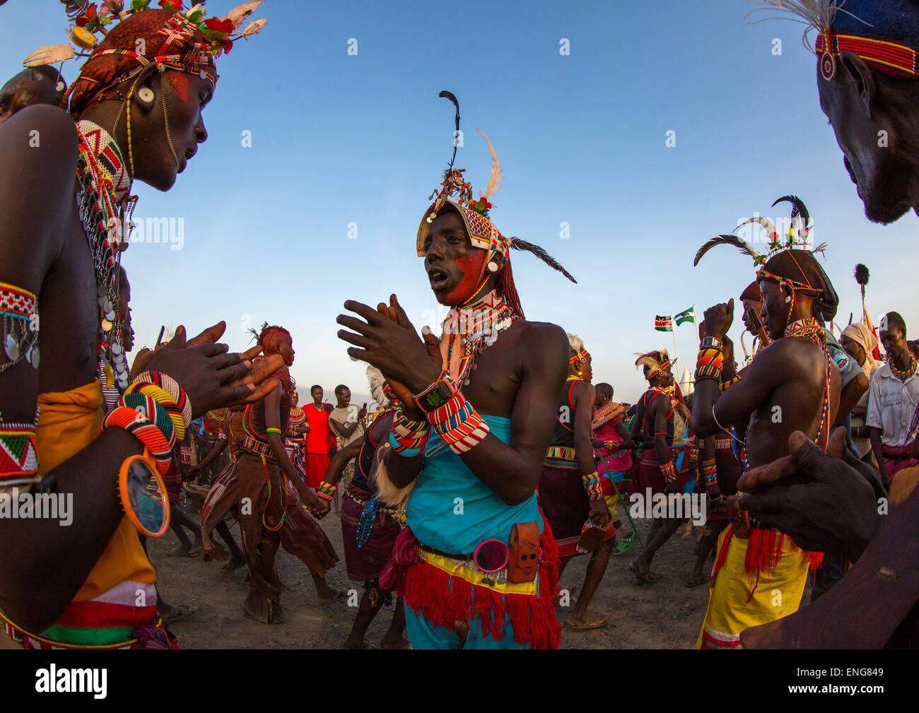 Portrait Of Rendille Warriors Wearing Traditional Headwears, Turkana Lake, Loiyangalani, Kenya Stock Photo