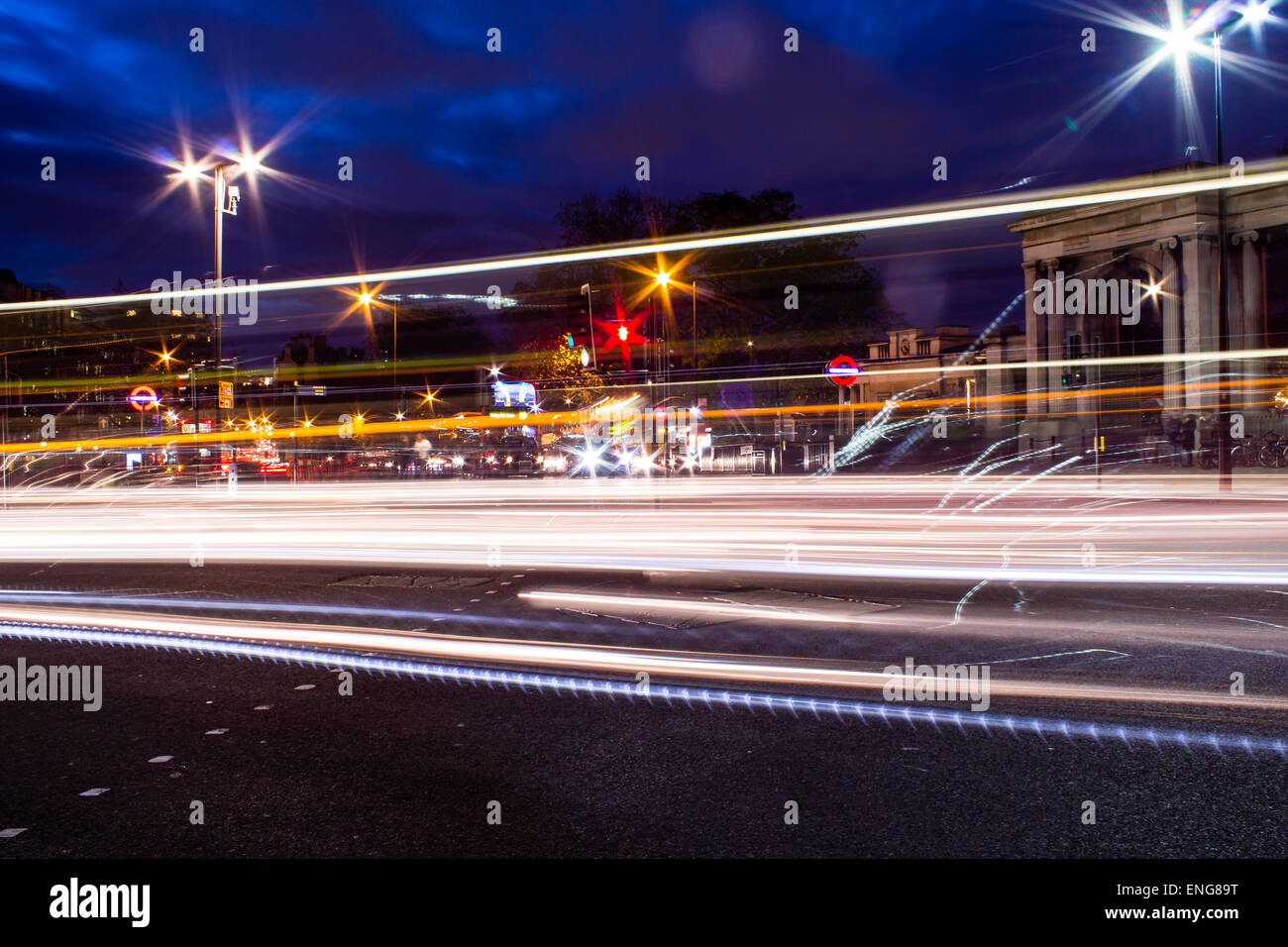 Heavy London Traffic during night time. Hyde Park Corner, London, United Kingdom. Stock Photo
