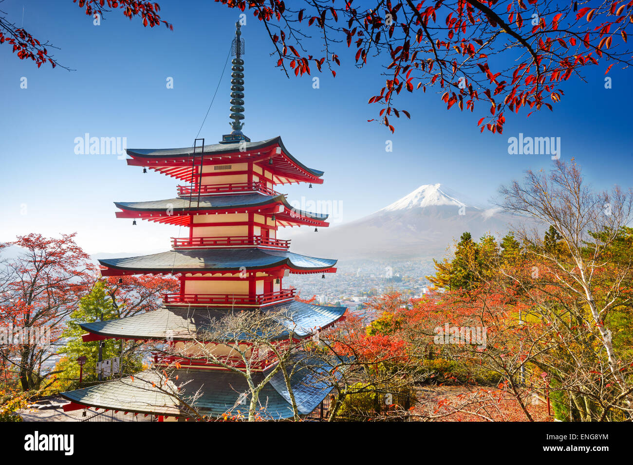 Mt. Fuji, Japan with Chureito Pagoda. Stock Photo