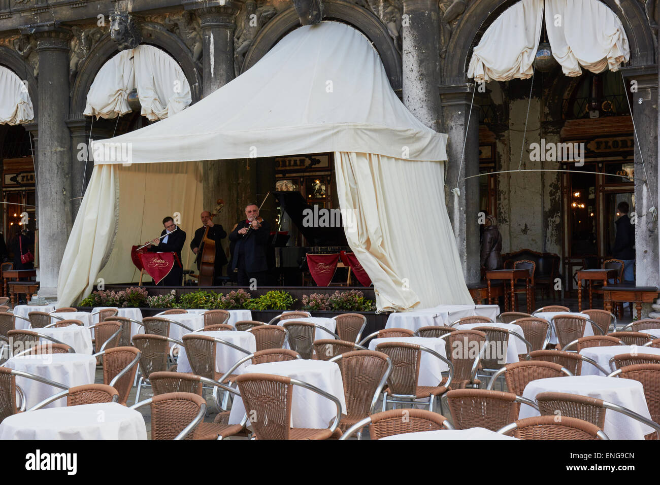 Musicians playing outside Cafe Florian in Piazza San Marco Venice Veneto Italy Europe Stock Photo