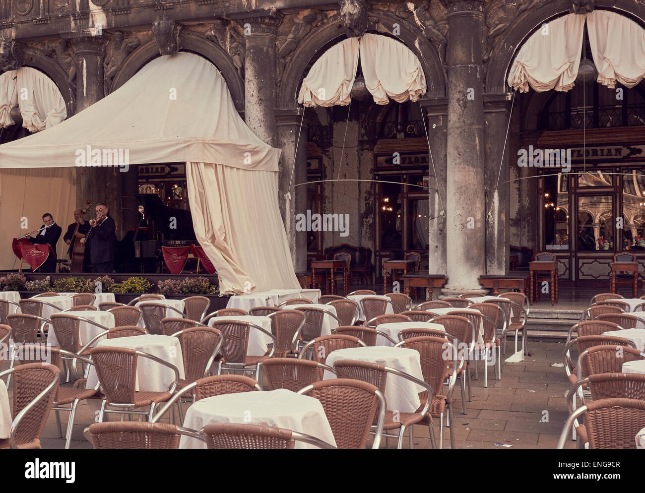 Musicians playing outside Cafe Florian in Piazza San Marco Venice Veneto Italy Europe Stock Photo