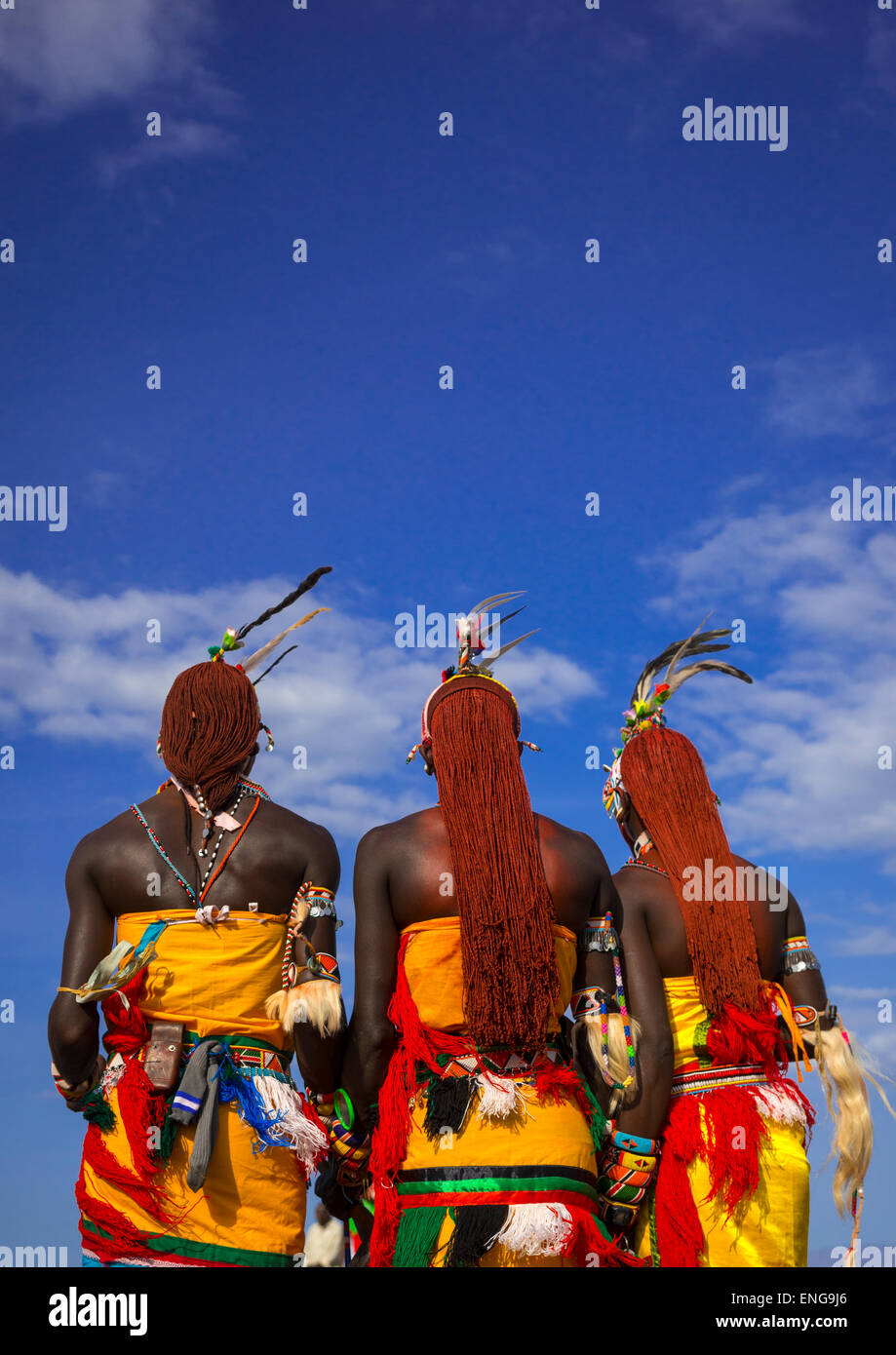 Rendille Warriors With Long Braided Hair, Turkana Lake, Loiyangalani, Kenya Stock Photo