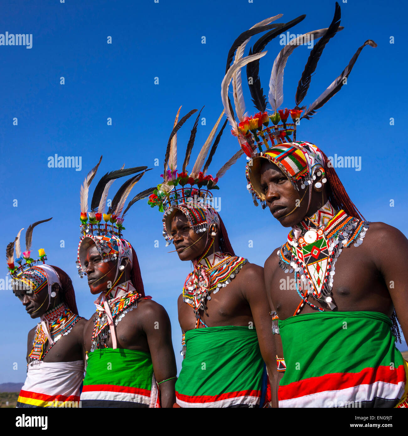 Portrait Of Rendille Warriors Wearing Traditional Headwears, Turkana Lake, Loiyangalani, Kenya Stock Photo