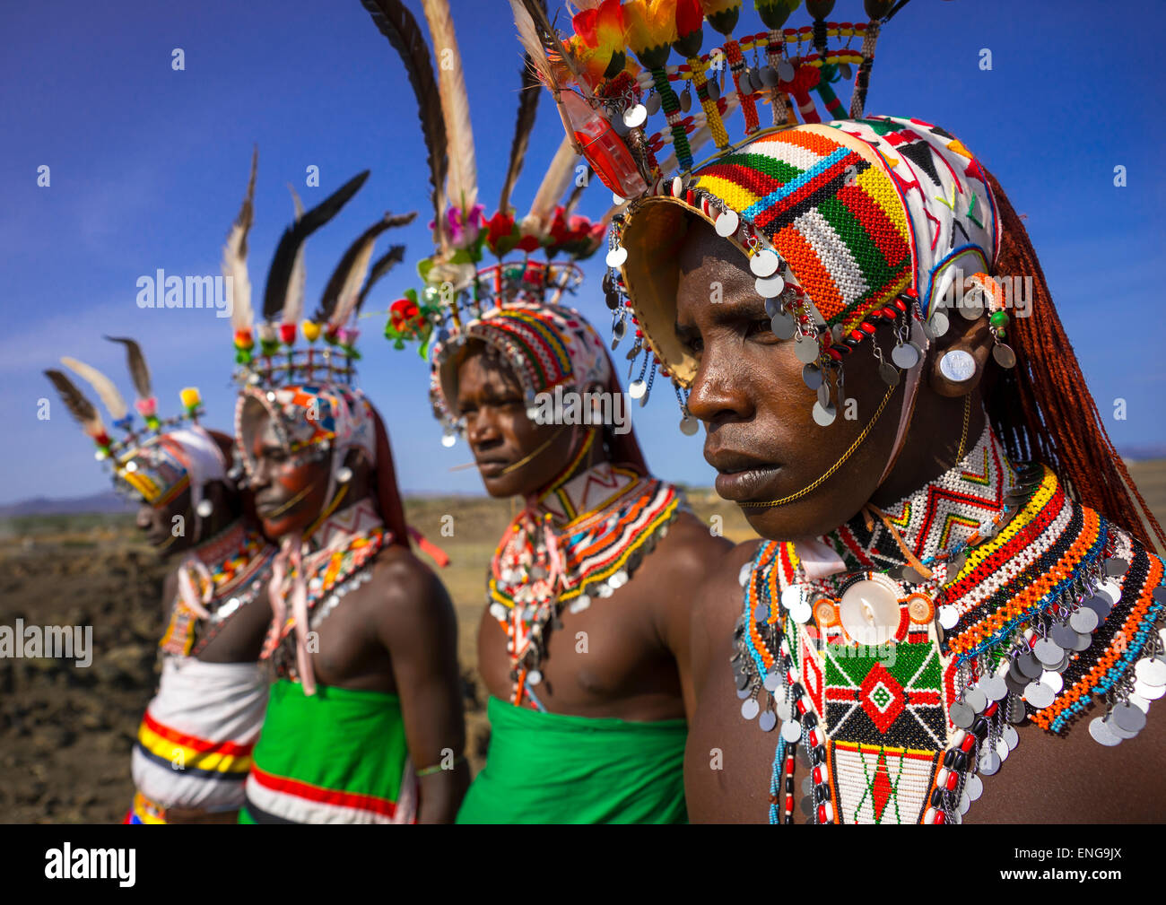Portrait Of Rendille Warriors Wearing Traditional Headwears, Turkana Lake, Loiyangalani, Kenya Stock Photo