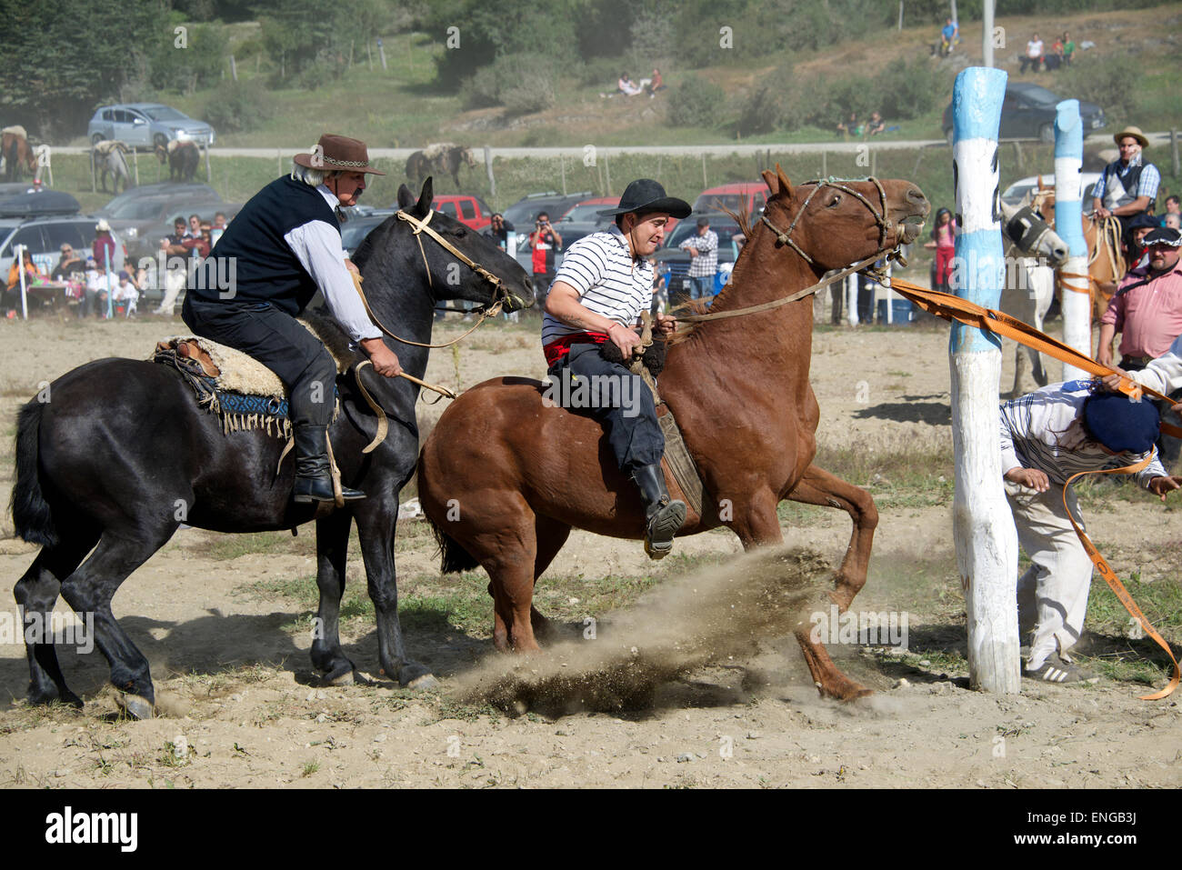 Releasing horse and rider country rodeo Tierra del Fuego Argentina Stock Photo
