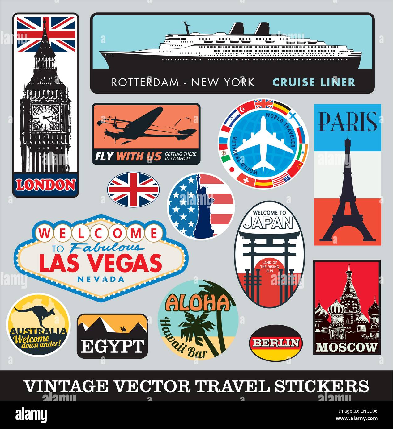 vector illustrated travel stickers from around the world Stock Vector