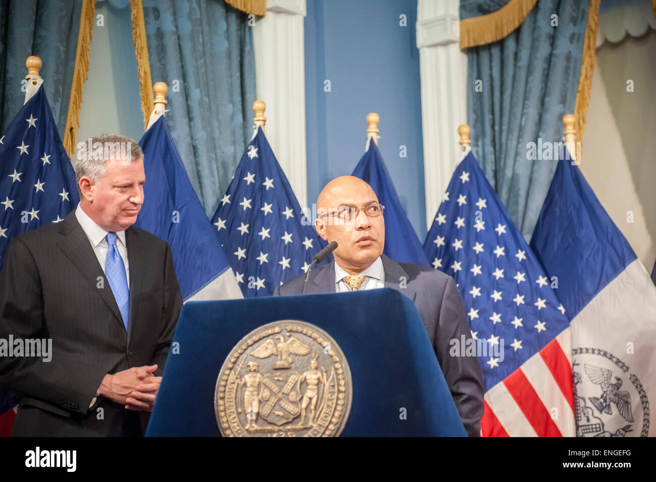 New York Finance Commissioner Jacque Jiha, right and New York Mayor