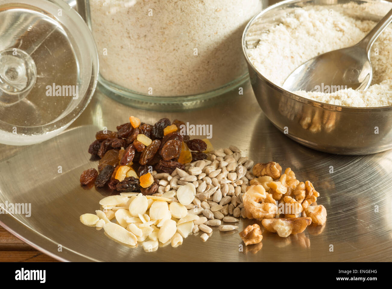 Healthy quick morning breakfast instant porridge oats with nuts and