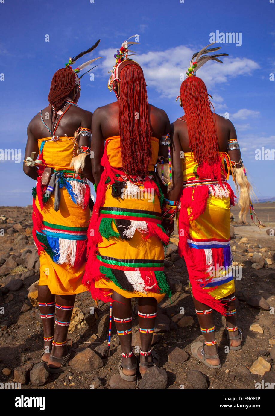 Portrait Of Rendille Warriors Wearing Traditional Headwears, Turkana Lake, Loiyangalani, Kenya Stock Photo