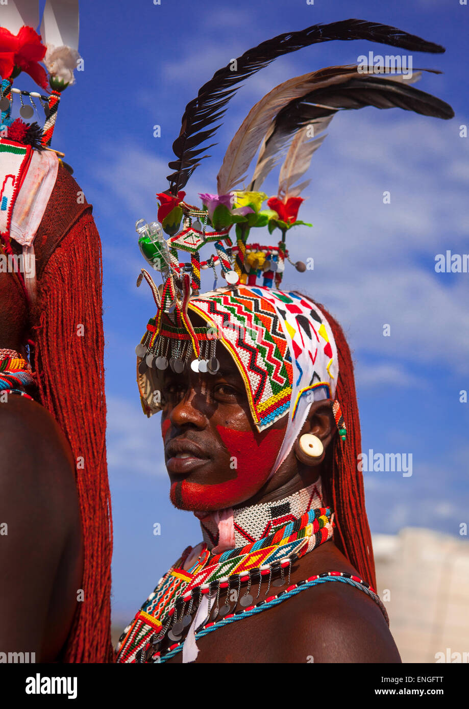 Portrait Of Rendille Warriors Wearing Traditional Headwears, Turkana Lake, Loiyangalani, Kenya Stock Photo