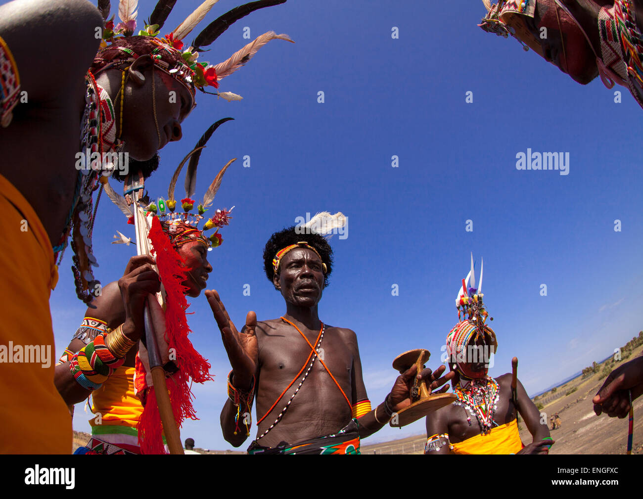 Turkana Tribesmen Dancing, Turkana Lake, Loiyangalani, Kenya Stock Photo