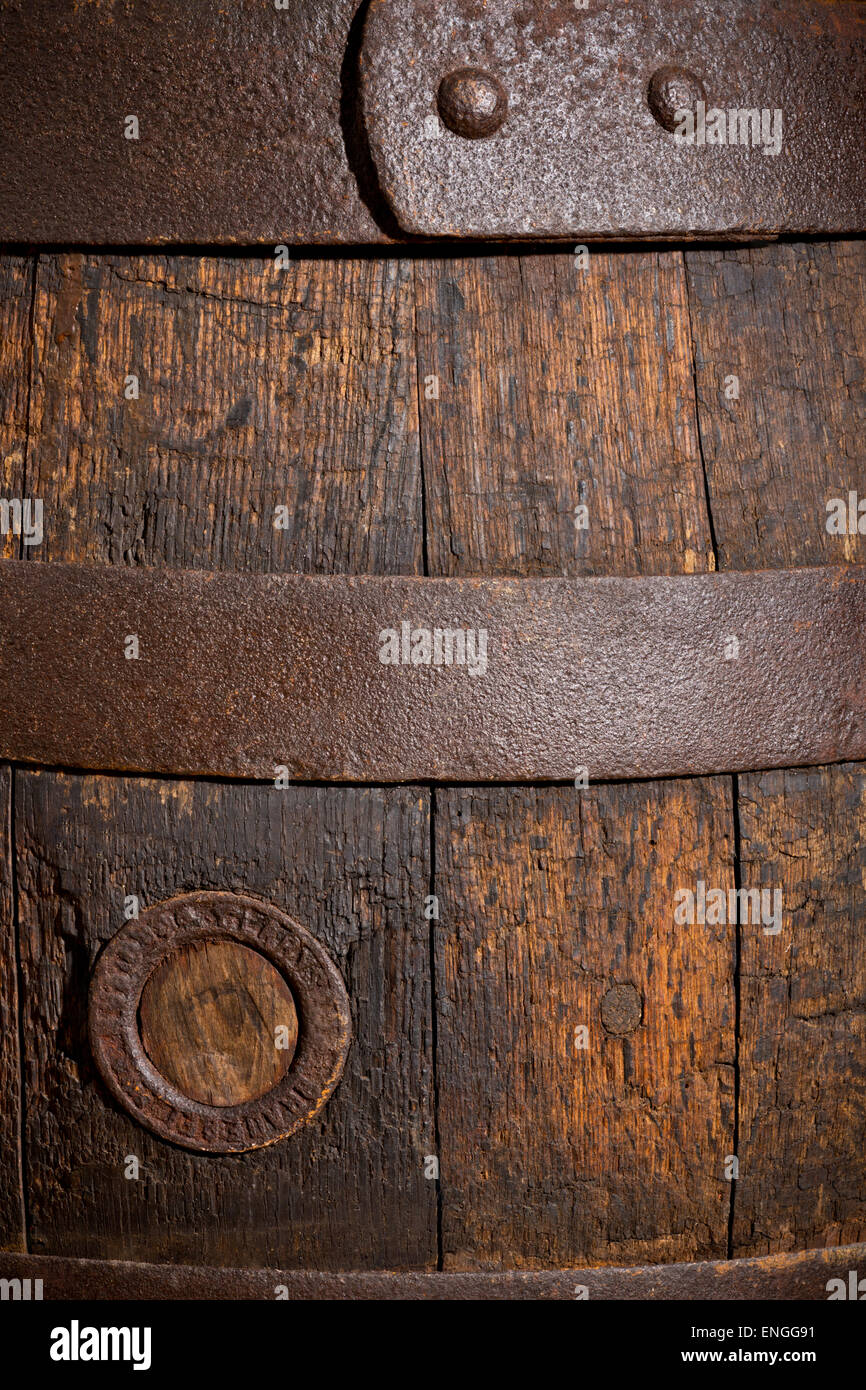 a detail of old wooden beer barrel, old vintage background Stock Photo