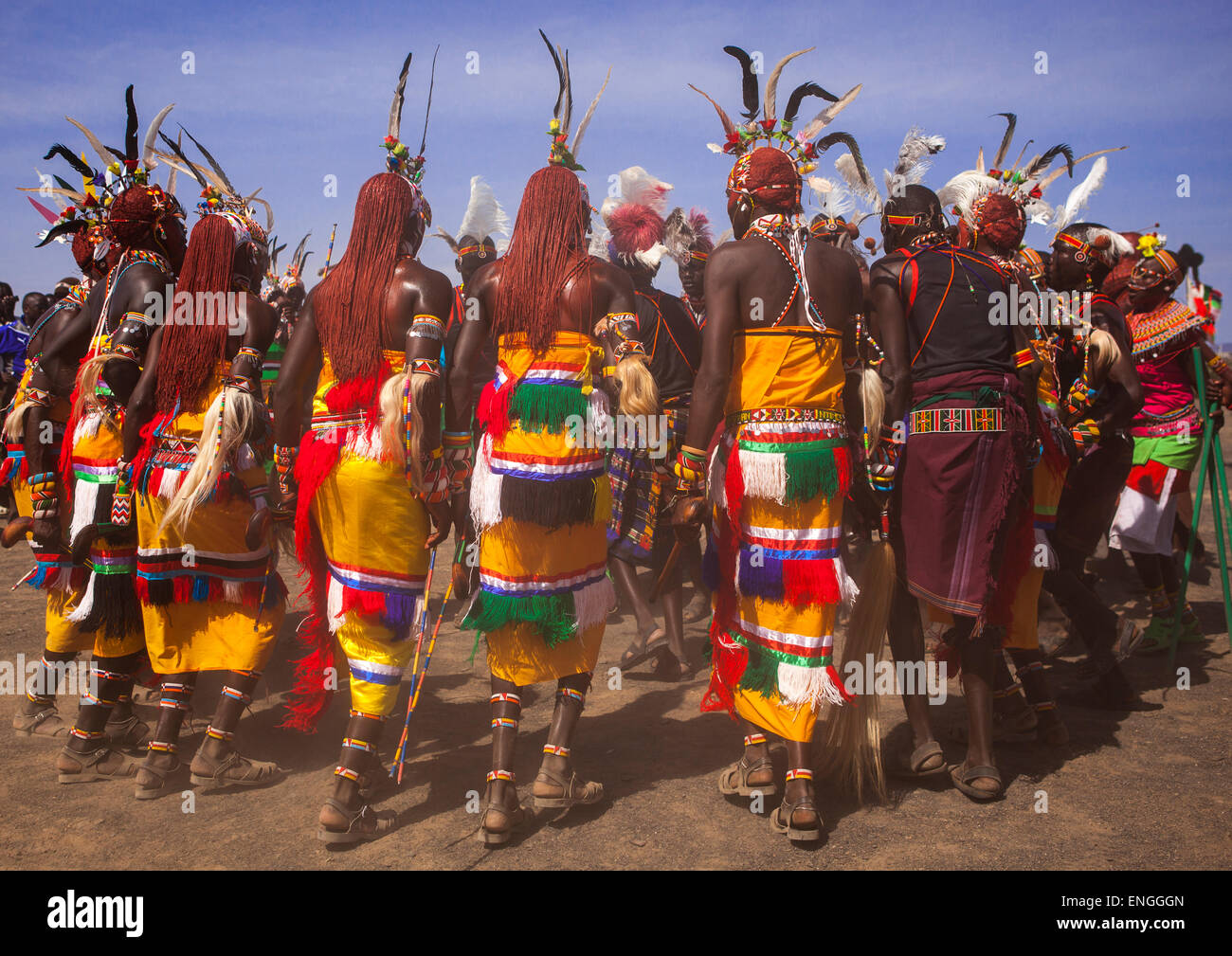 Rendille And Turkana Tribes Dancing Together During A Festival, Turkana Lake, Loiyangalani, Kenya Stock Photo