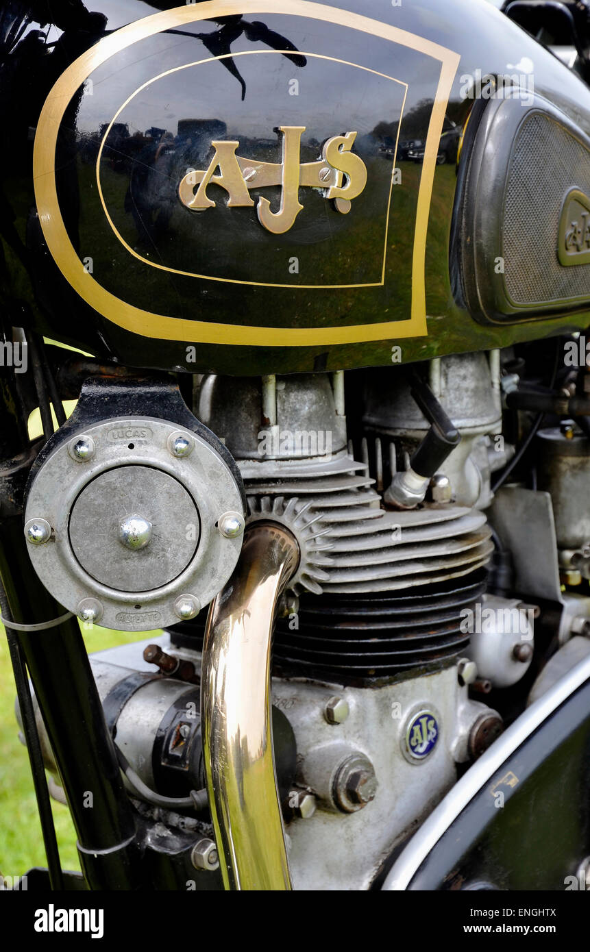 Close up view of petrol tank and engine of a classic AJS motorcycle from the 1950s. Probably a Model 31. Stock Photo