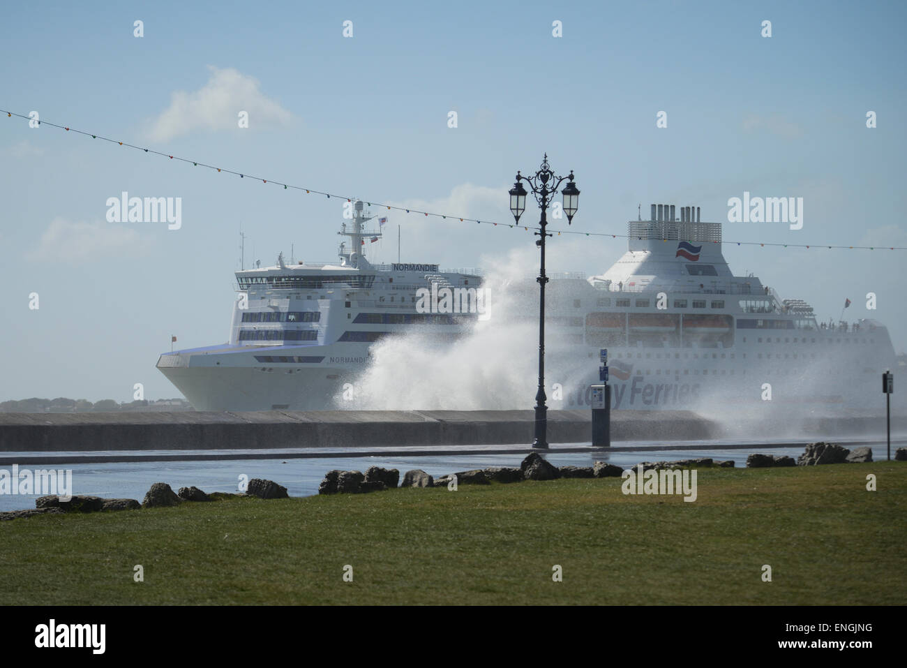 Large waves crash into a Brittany Ferries cross channel ferry ship